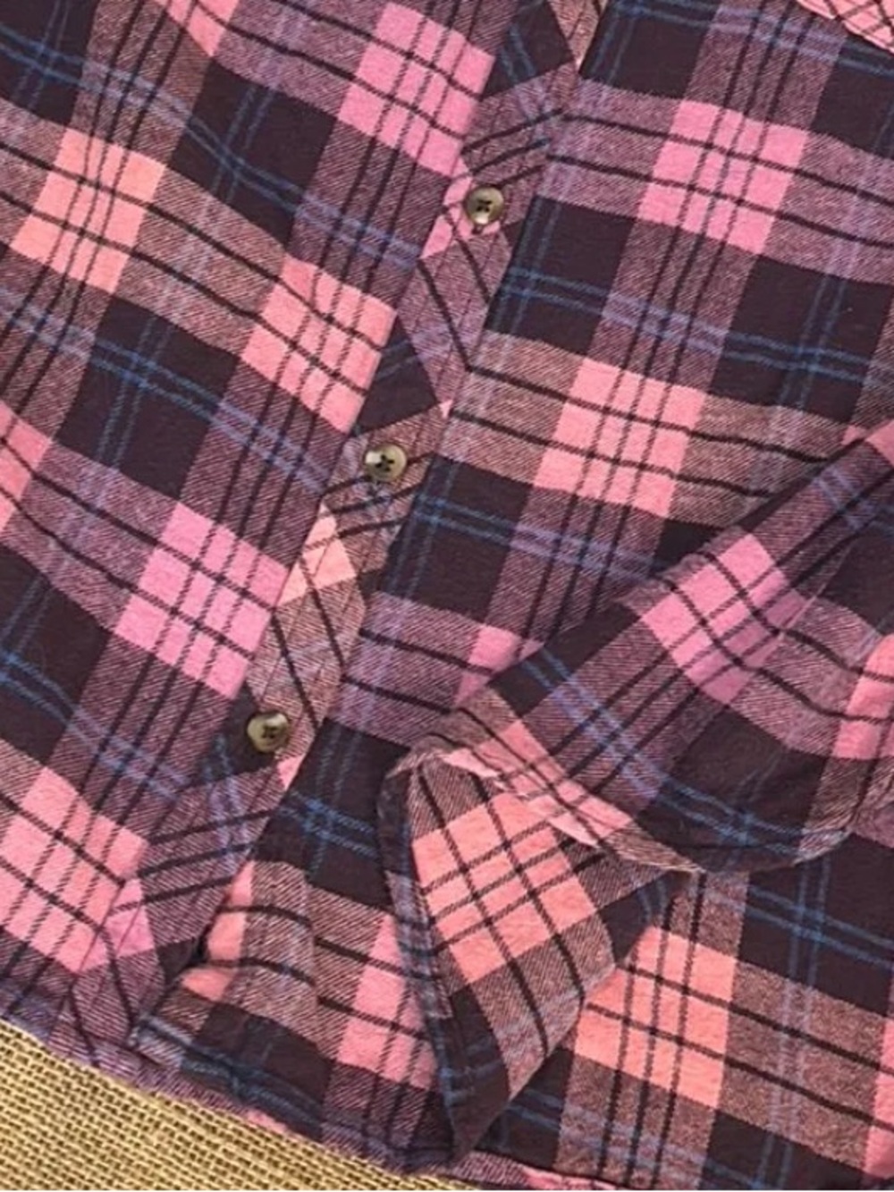 Women’s LARGE Plaid Flannel 100% Cotton Dark Pink, Black & Blue Plaid, Sonoma - Picture 9 of 10